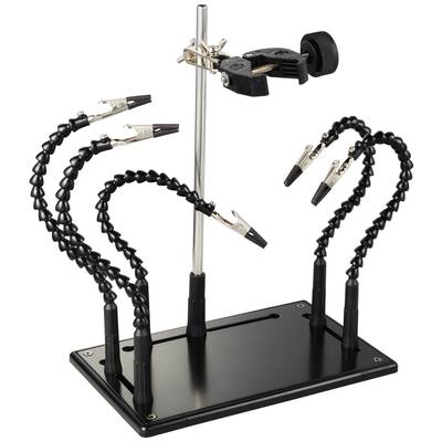 Support d'aide au soudage avec plusieurs bras flexibles et pinces crocodiles pour maintenir les composants électroniques pendant les travaux de soudure.