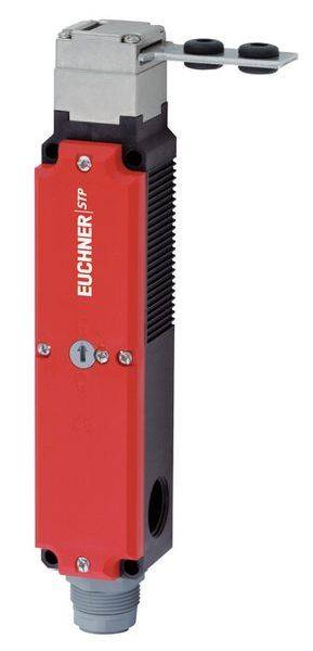 Interrupteur de sécurité industriel avec boîtier rouge et tête en métal. Utilisé pour sécuriser les zones de machines, logo du fabricant visible.