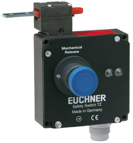 Interrupteur de sécurité avec touche bleue et levier rouge. Inscription : « Mechanical Release » et « Made in Germany ». Marque : EUCHNER.