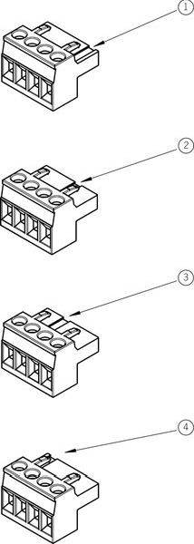 Quatre connecteurs électriques numérotés et identiques sont représentés dans une rangée verticale.