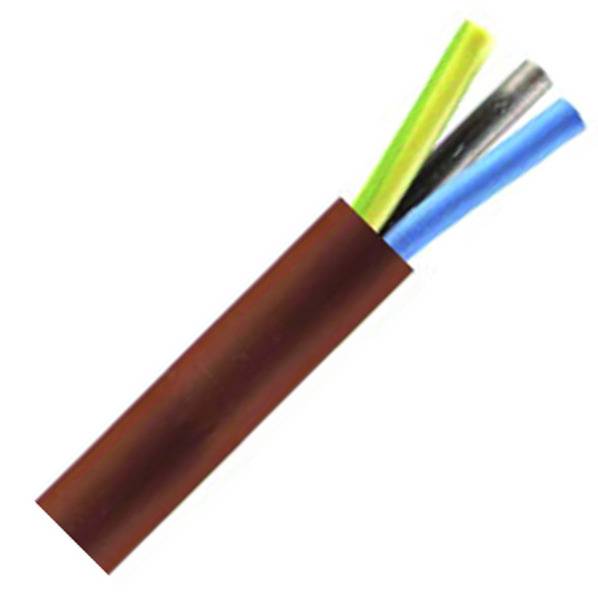 Un câble marron avec trois conducteurs de couleurs jaune, vert et bleu est visible.