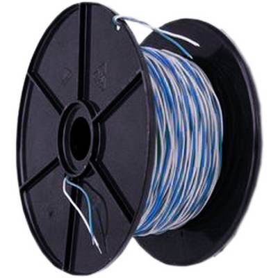 Un rouleau de câble noir avec un câble bleu et blanc enroulé.