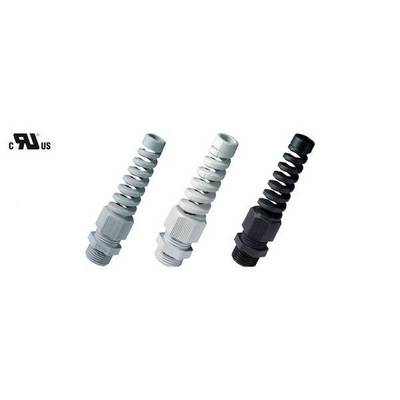 Trois presse-étoupes spiralés de différentes couleurs (gris, blanc, noir) côte à côte. Un symbole d'homologation en haut à gauche.