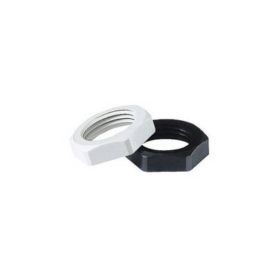 Deux écrous hexagonaux, l'un blanc et l'autre noir, sont placés côte à côte.