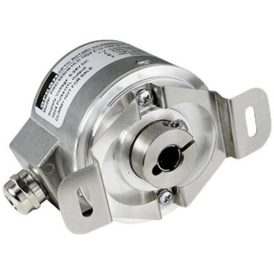 Un encodeur argenté de forme circulaire, avec support métallique et connexions électriques, utilisé pour la détermination de position.