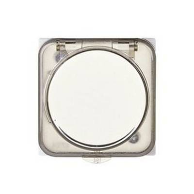 Un miroir de poche rond, argenté, avec un mécanisme rabattable, ouvert et vu de dessus.
