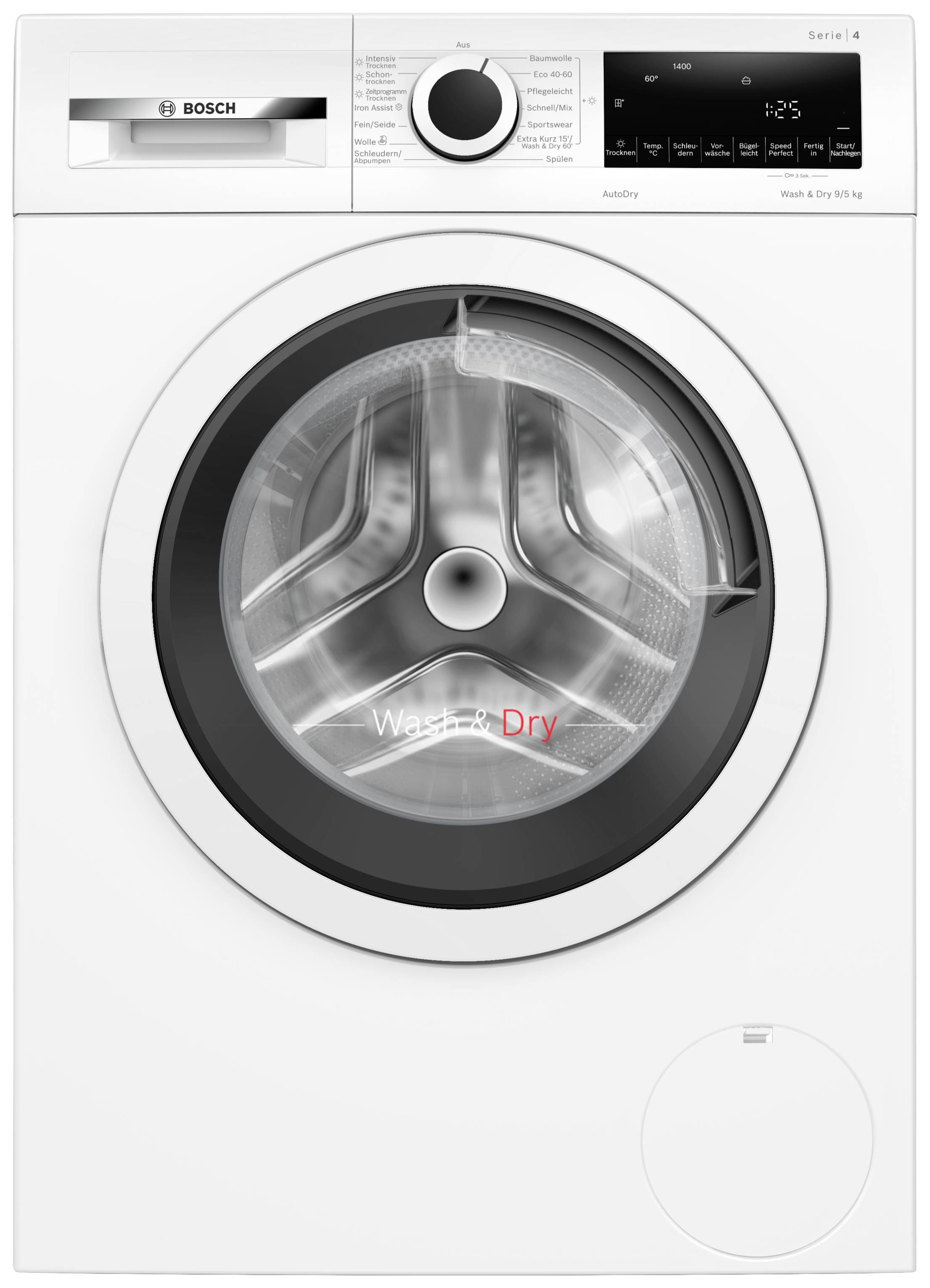 Vue de face d'un lave-linge Bosch avec hublot circulaire sur la porte. Le panneau de commande en haut à droite affiche les réglages de température et de durée.