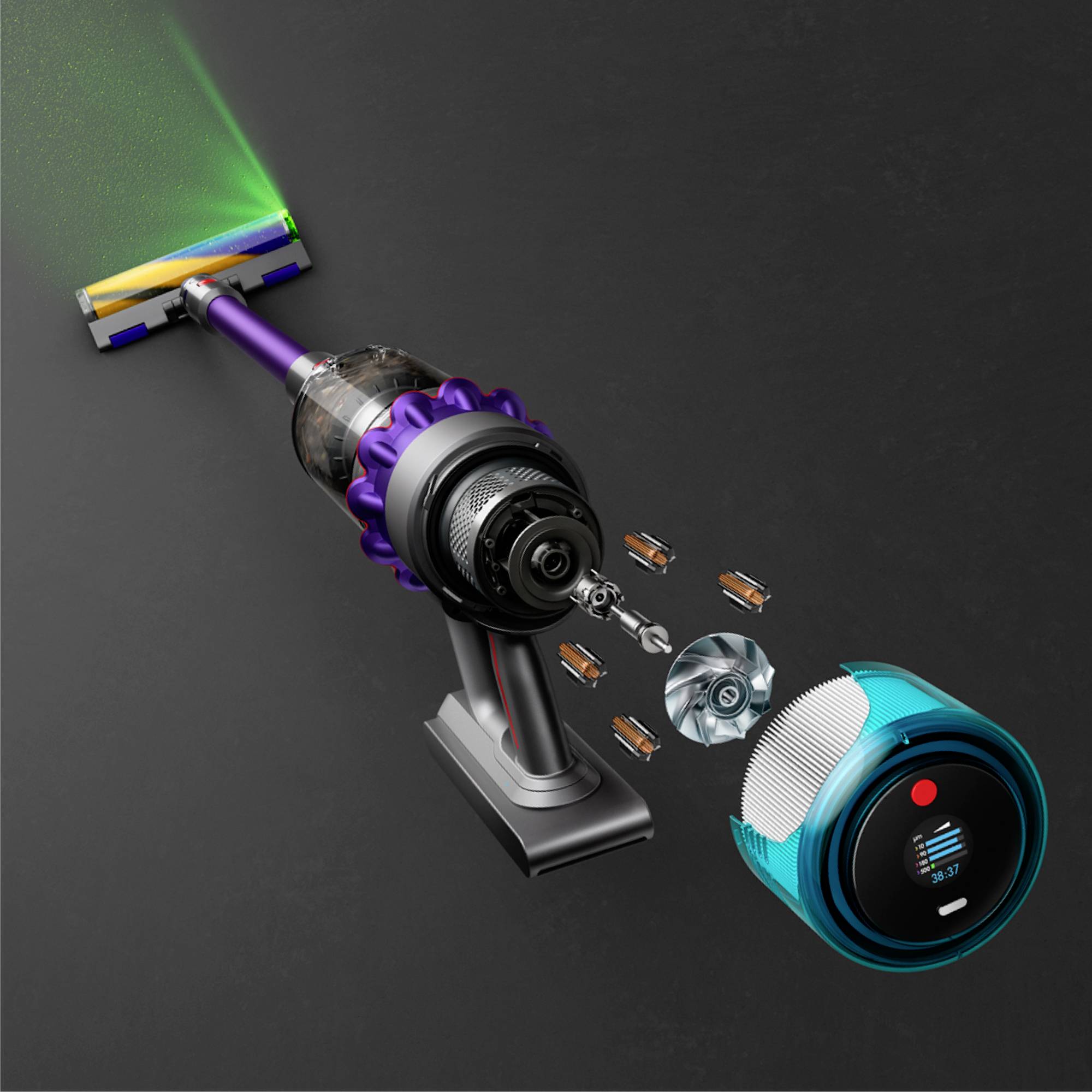 Écorché d'un aspirateur sans fil montrant des composants tels que le moteur, le filtre et les batteries. Arrière-plan sombre.