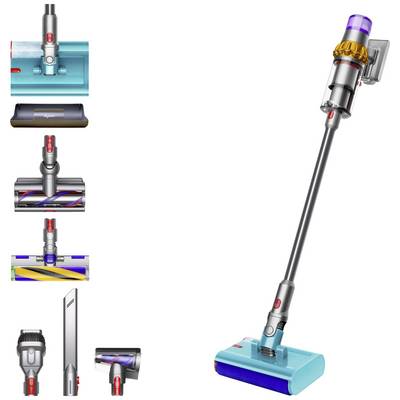Aspirateur sans fil avec plusieurs accessoires pour différents usages de nettoyage. Appareil principal à droite, accessoires à gauche.