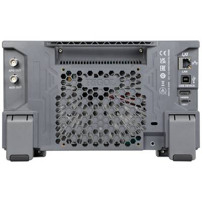 Arrière d'un appareil électronique avec des connexions et des grilles de ventilation. En haut, ports LAN et USB, à gauche, sorties AFG et AUX.