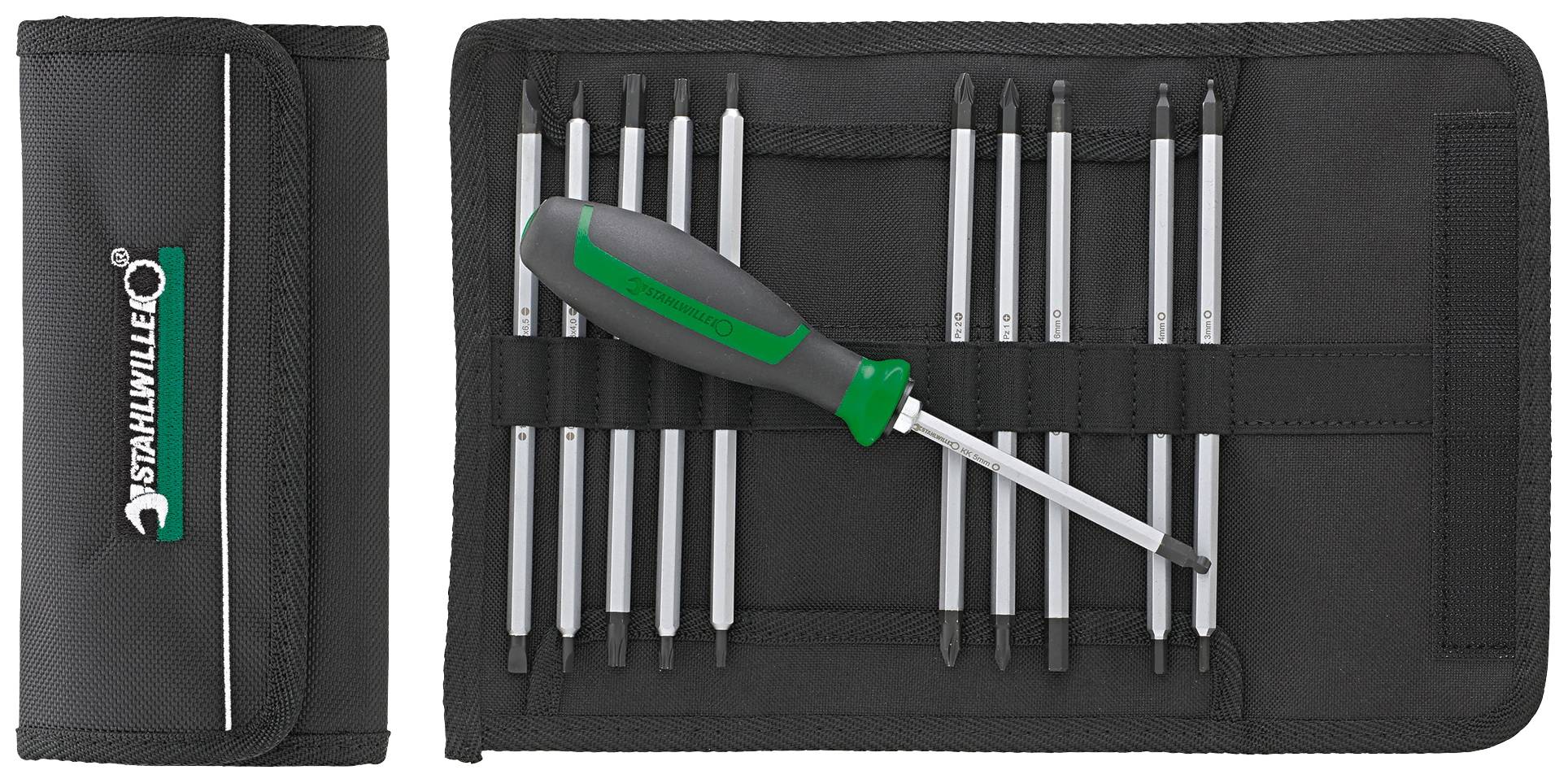 Ensemble de tournevis avec neuf embouts interchangeables et poignée ergonomique dans une pochette de rangement noir.
