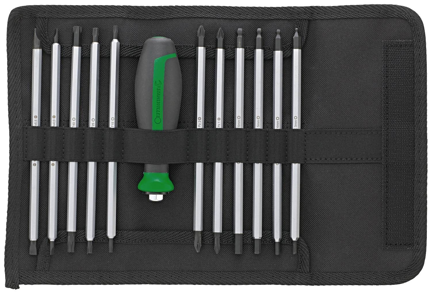 Un ensemble d'outils comprenant différents embouts de tournevis et une poignée, rangés dans un étui de transport noir.
