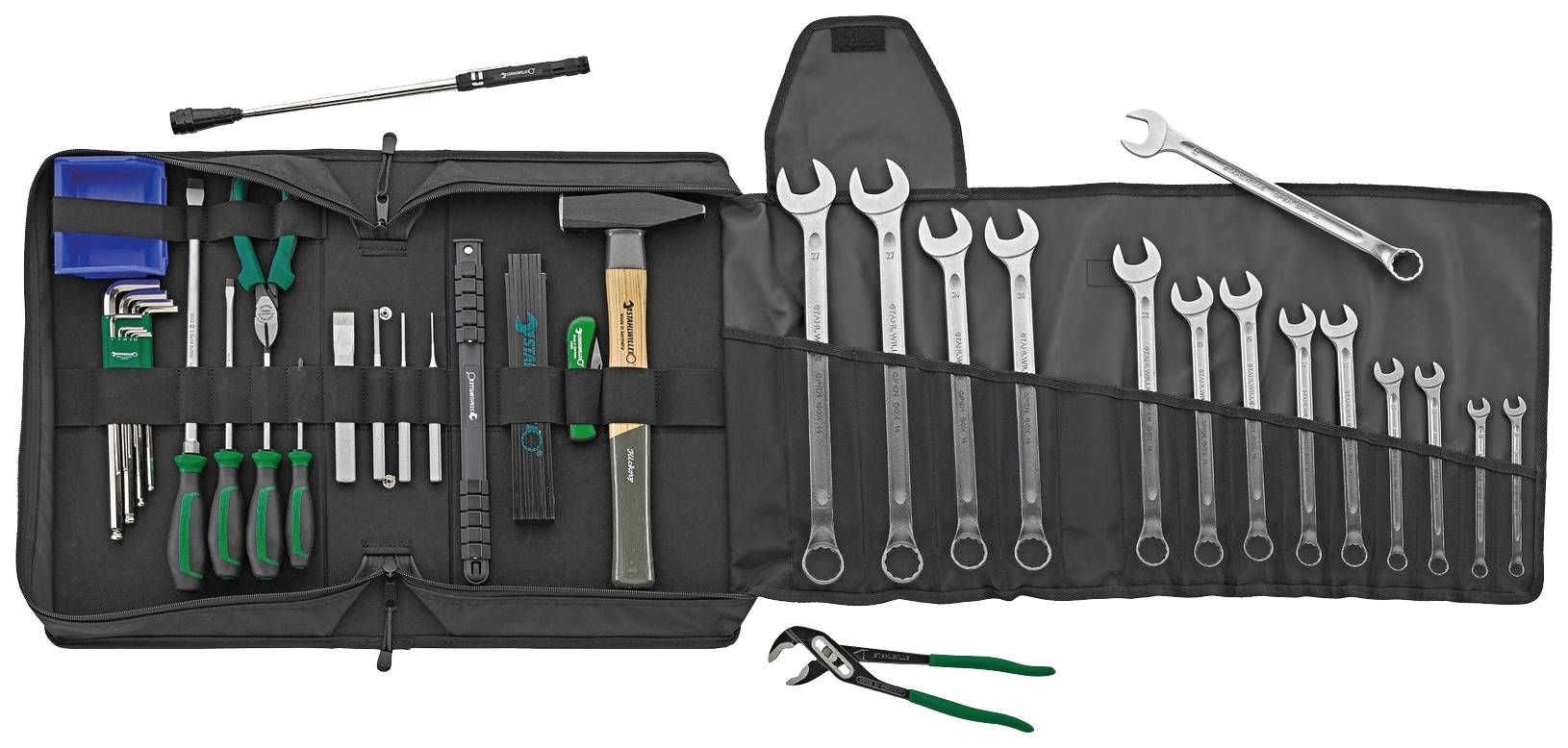 Trousse à outils contenant divers instruments : clés, pinces, marteau, règle et tournevis dans un étui enroulé.