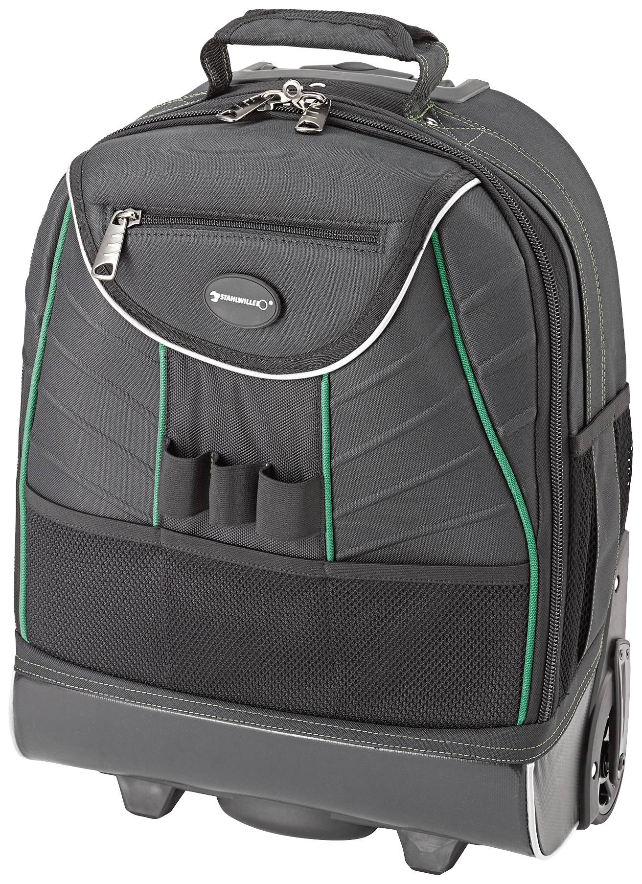 Un sac à dos gris avec des accents verts, deux compartiments et une poignée de transport, adapté pour l'école ou les voyages.