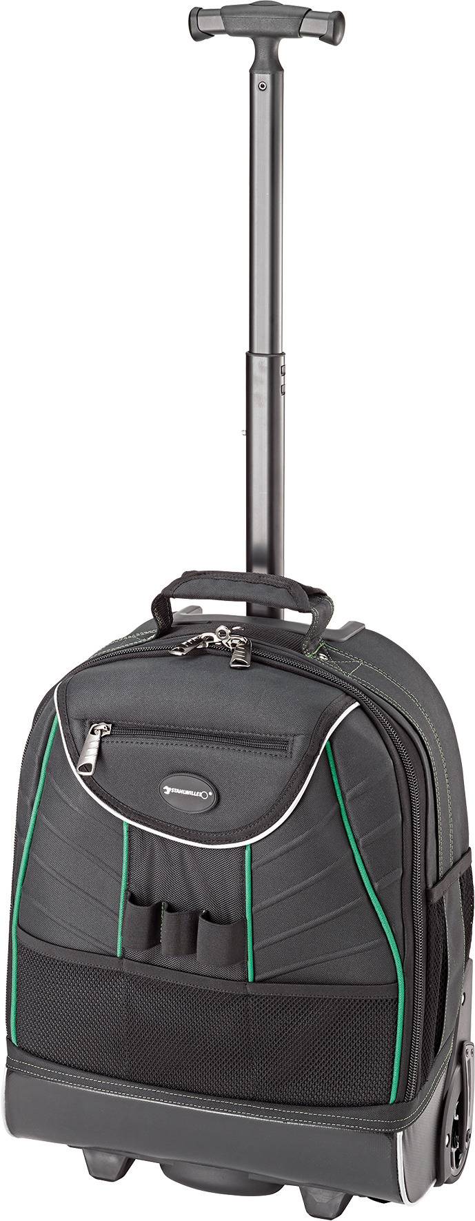 Une valise à roulettes noire avec une poignée télescopique et des touches vertes, adaptée aux voyages.