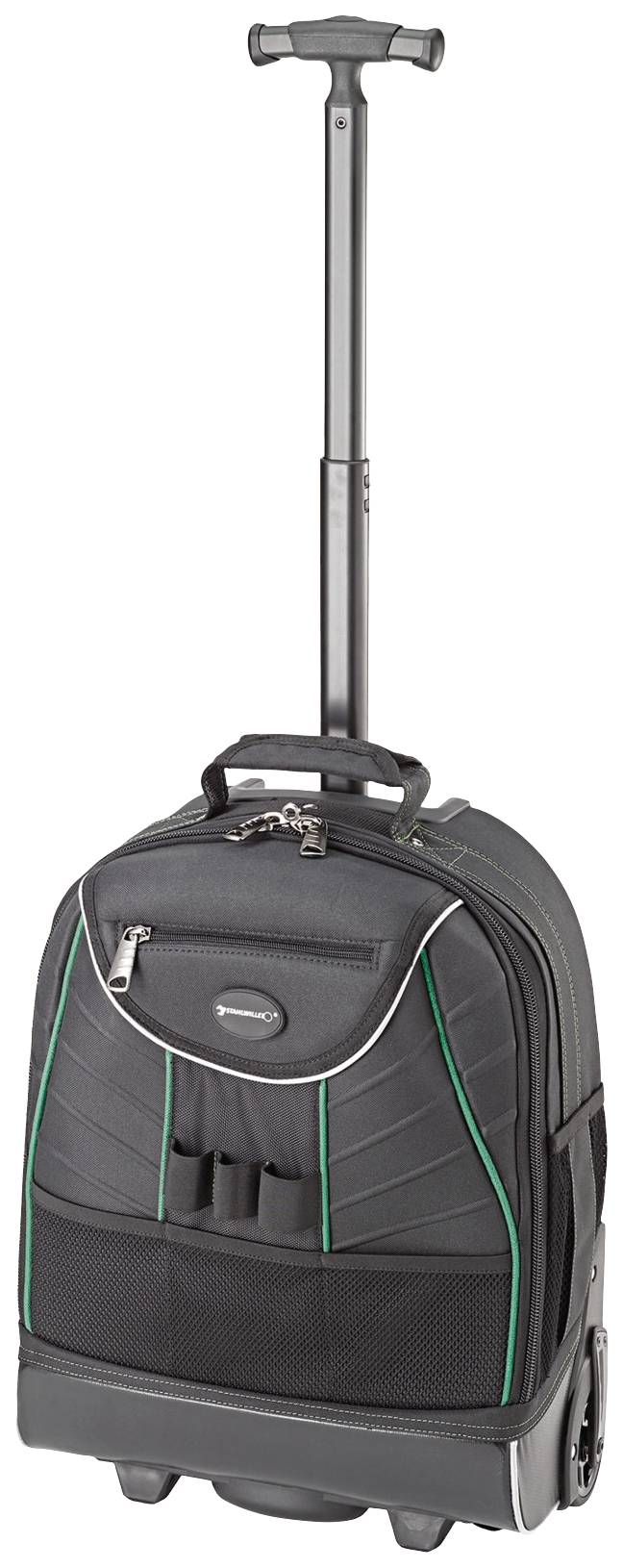 Une valise à roulettes noire avec poignée télescopique et des touches vertes, adaptée aux courts voyages ou comme bagage à main.