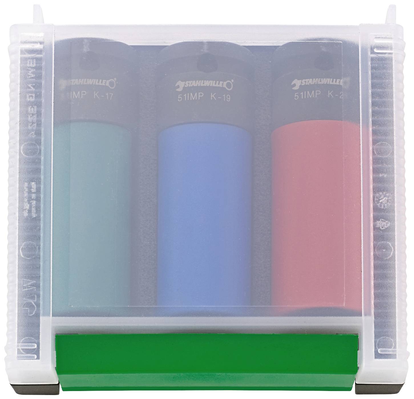 Boîtier en plastique avec trois cylindres colorés (vert, bleu, rouge) dans des compartiments. Mallette de protection pour le rangement et le transport d'outils.