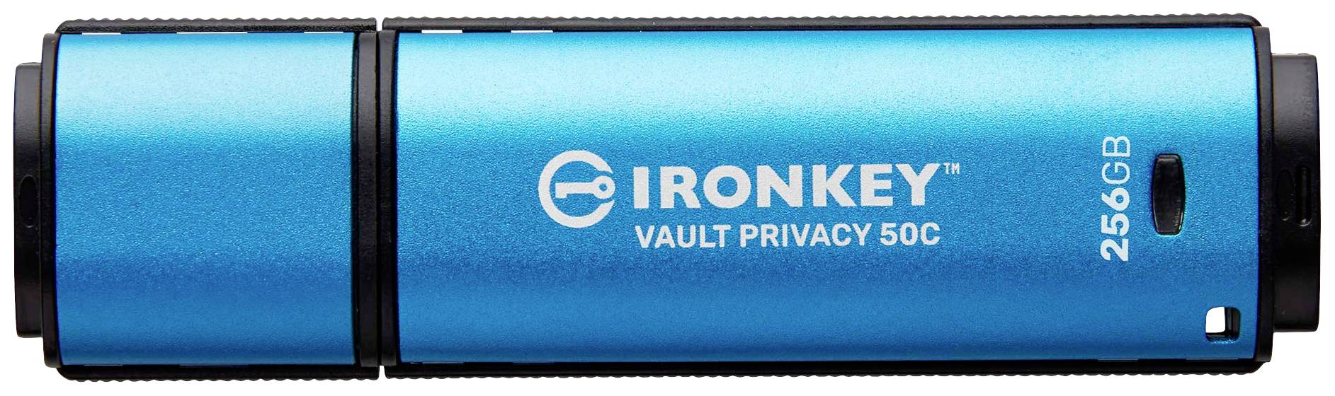 Une clé USB bleue portant l'inscription 'IronKey Vault Privacy 50C' et '256 Go', indiquant la capacité de stockage et la marque de sécurité.