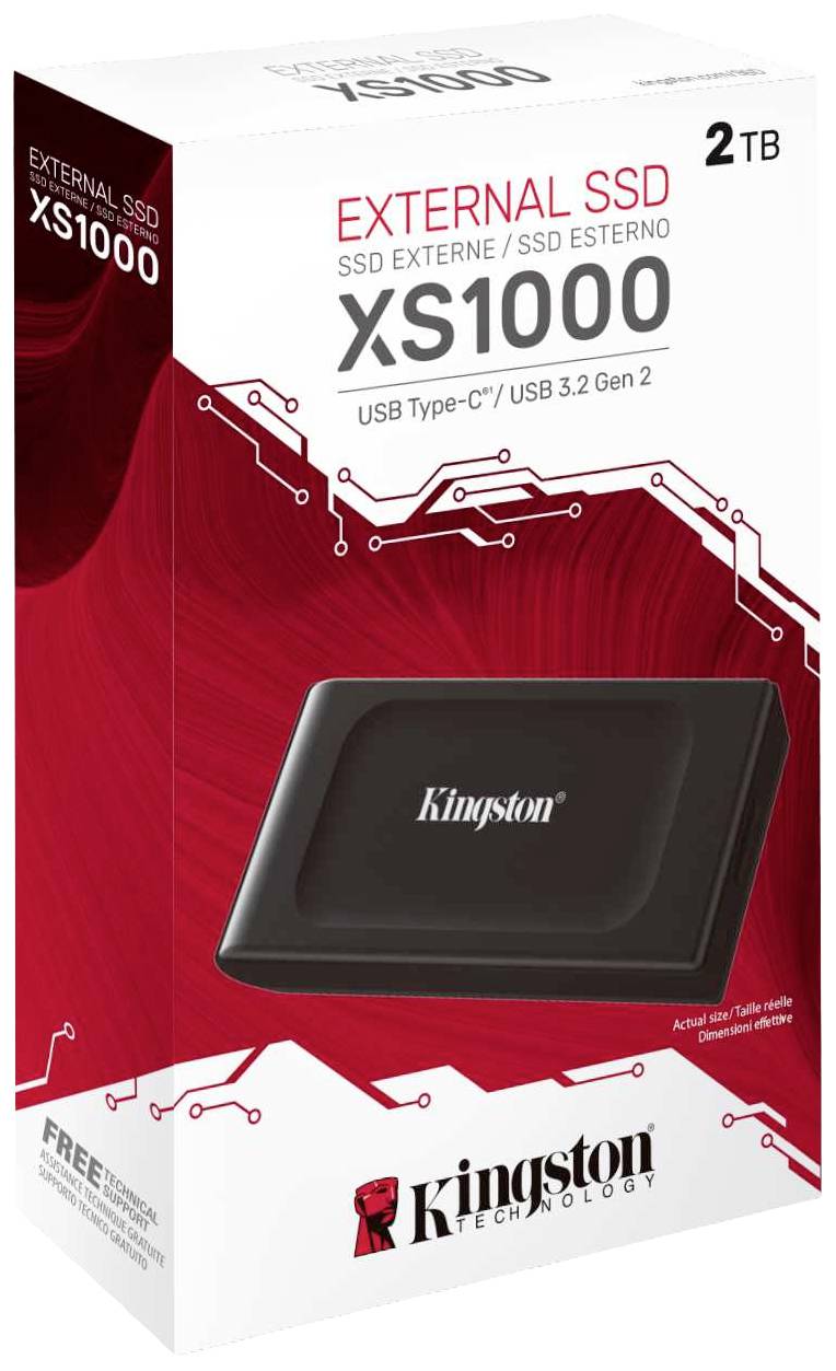 SSD externe Kingston XS1000, 2 To, USB Type-C, USB 3.2 Gen 2, l'emballage présente le produit et ses caractéristiques techniques.