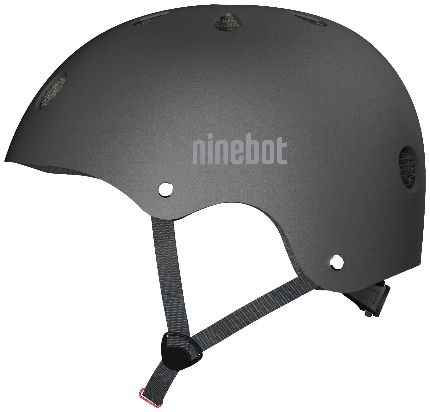 Casque de protection noir avec des trous de ventilation et une sangle de menton réglable. Sur le côté est inscrit 'ninebot'.