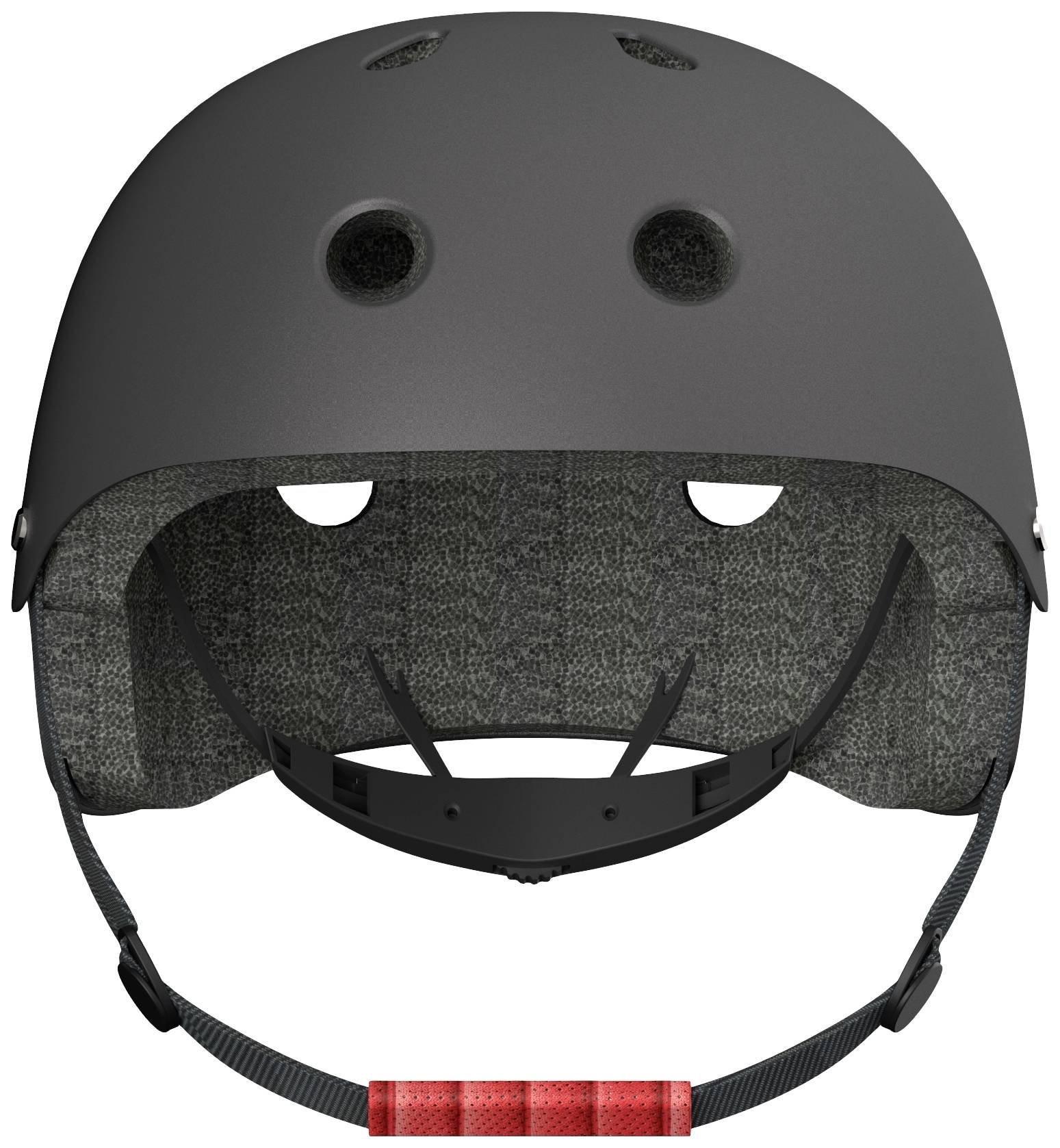Casque de protection noir avec une jugulaire rouge et des trous de ventilation ; montre la doublure intérieure rembourrée.