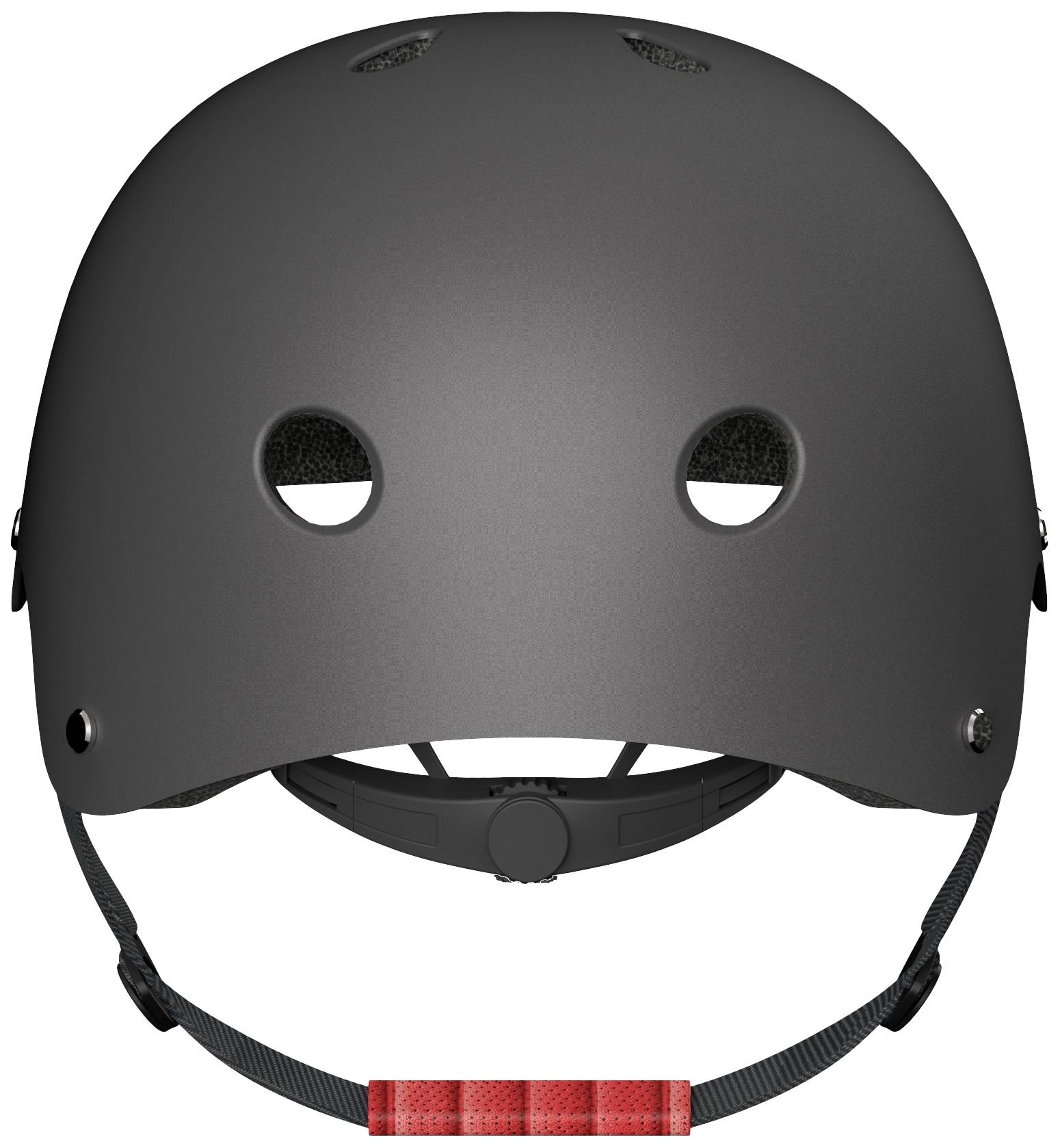 Casque de protection noir avec deux ouvertures de ventilation à l'avant et une sangle de menton rouge. Idéal pour la sécurité lors du cyclisme ou du patinage.