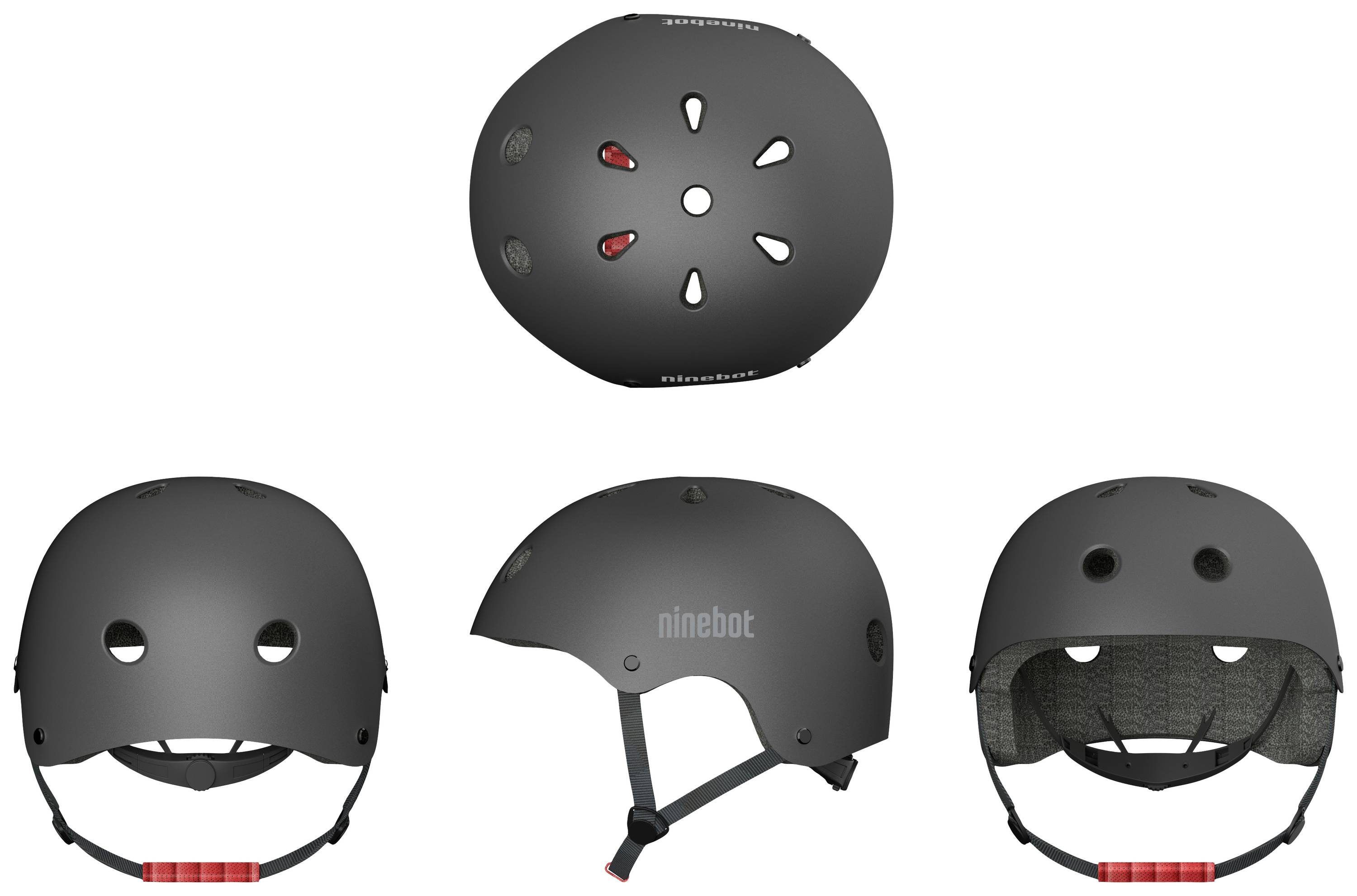 Casque de protection noir et gris pour sports tels que le skateboard et le cyclisme, présenté sous différents angles.