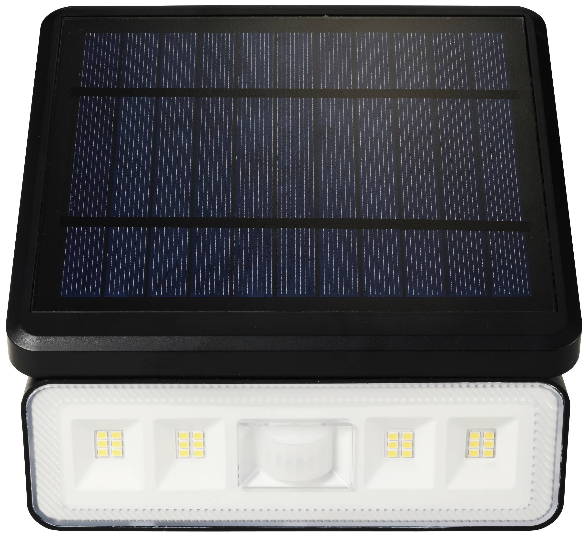Lampe solaire avec un panneau solaire rectangulaire en haut et des LED en dessous ; adaptée à l'éclairage extérieur écologique.