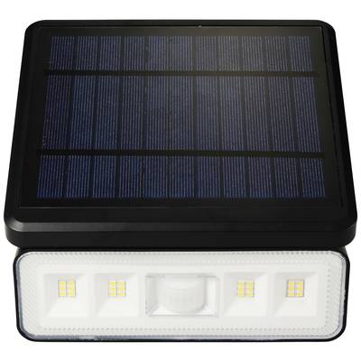 Lampe solaire avec un panneau solaire rectangulaire en haut et des LED en dessous ; adaptée à l'éclairage extérieur écologique.