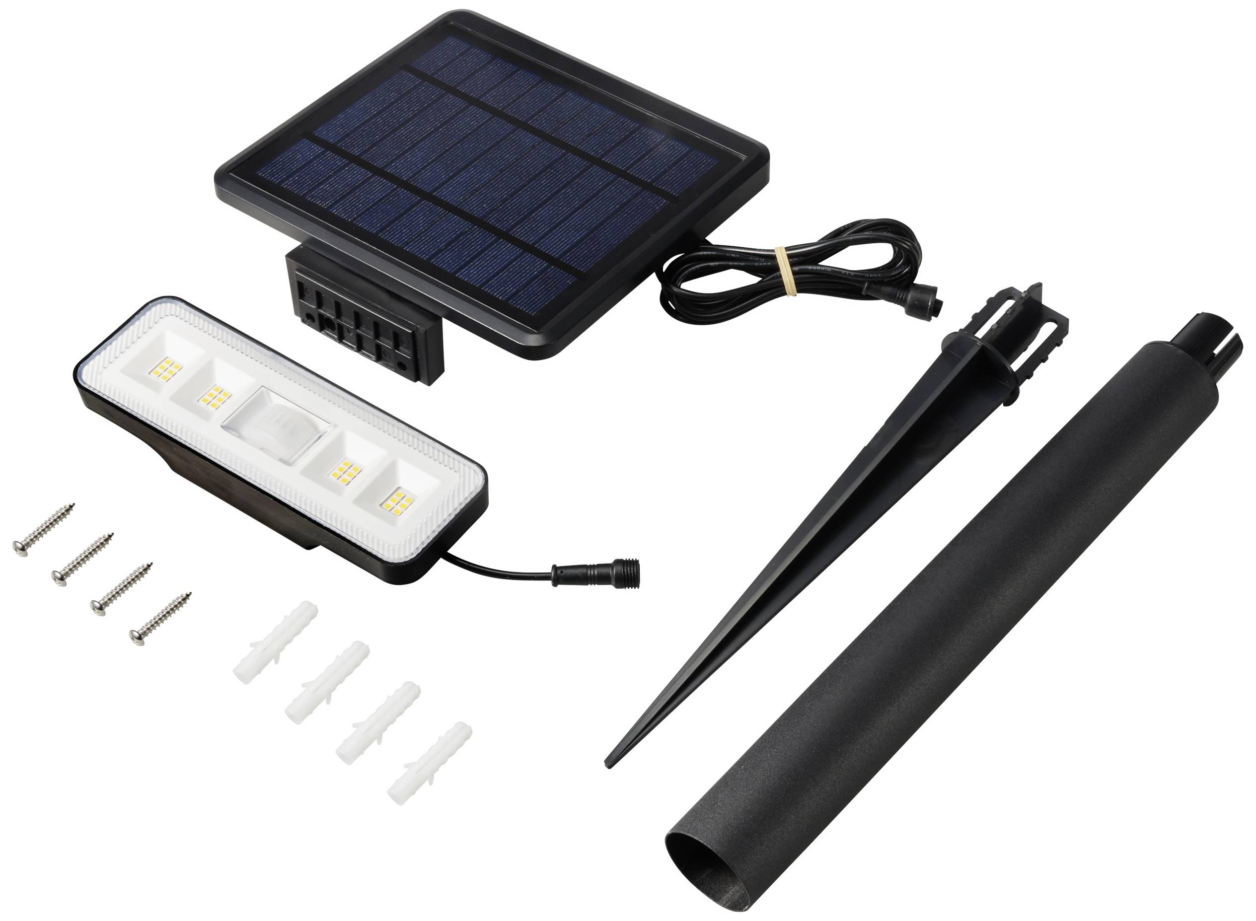 Luminaire extérieur solaire avec panneau solaire, module d'éclairage LED, piquet de terre, tube de fixation et ensemble de vis pour une installation facile.