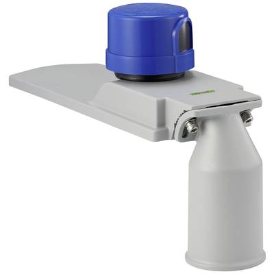 Un capteur ou un appareil de mesure gris industriel avec une partie supérieure bleue, probablement utilisé pour le contrôle de liquides ou de solides.