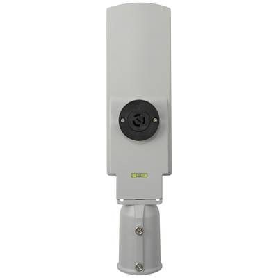 Un appareil d'antenne gris avec une fixation ronde noire et un niveau à bulle intégré est visible de face.