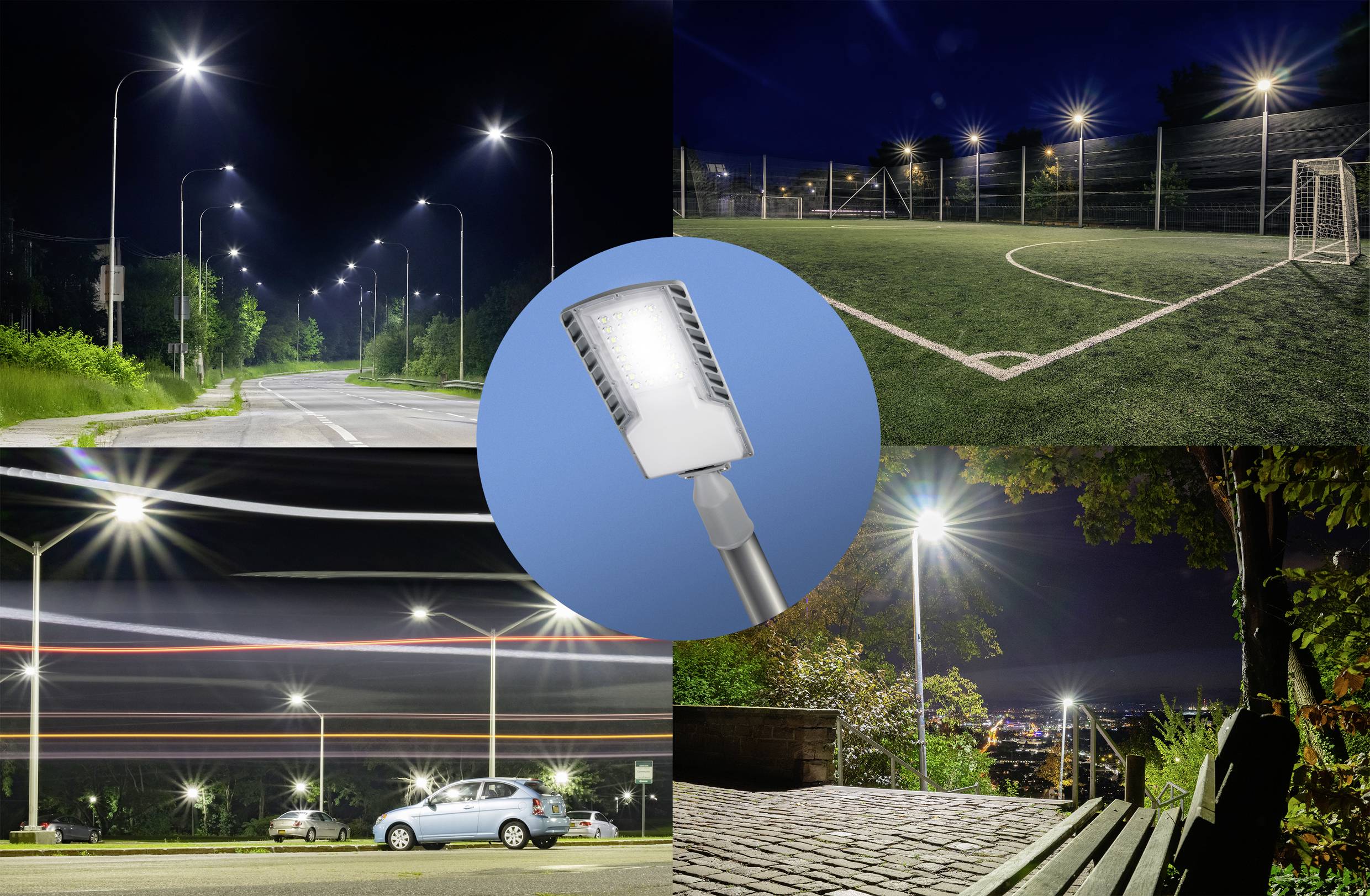 Éclairage de rue nocturne, montrant une route, un terrain de football et un parking avec des lampes LED anti-éblouissantes pour une meilleure visibilité.