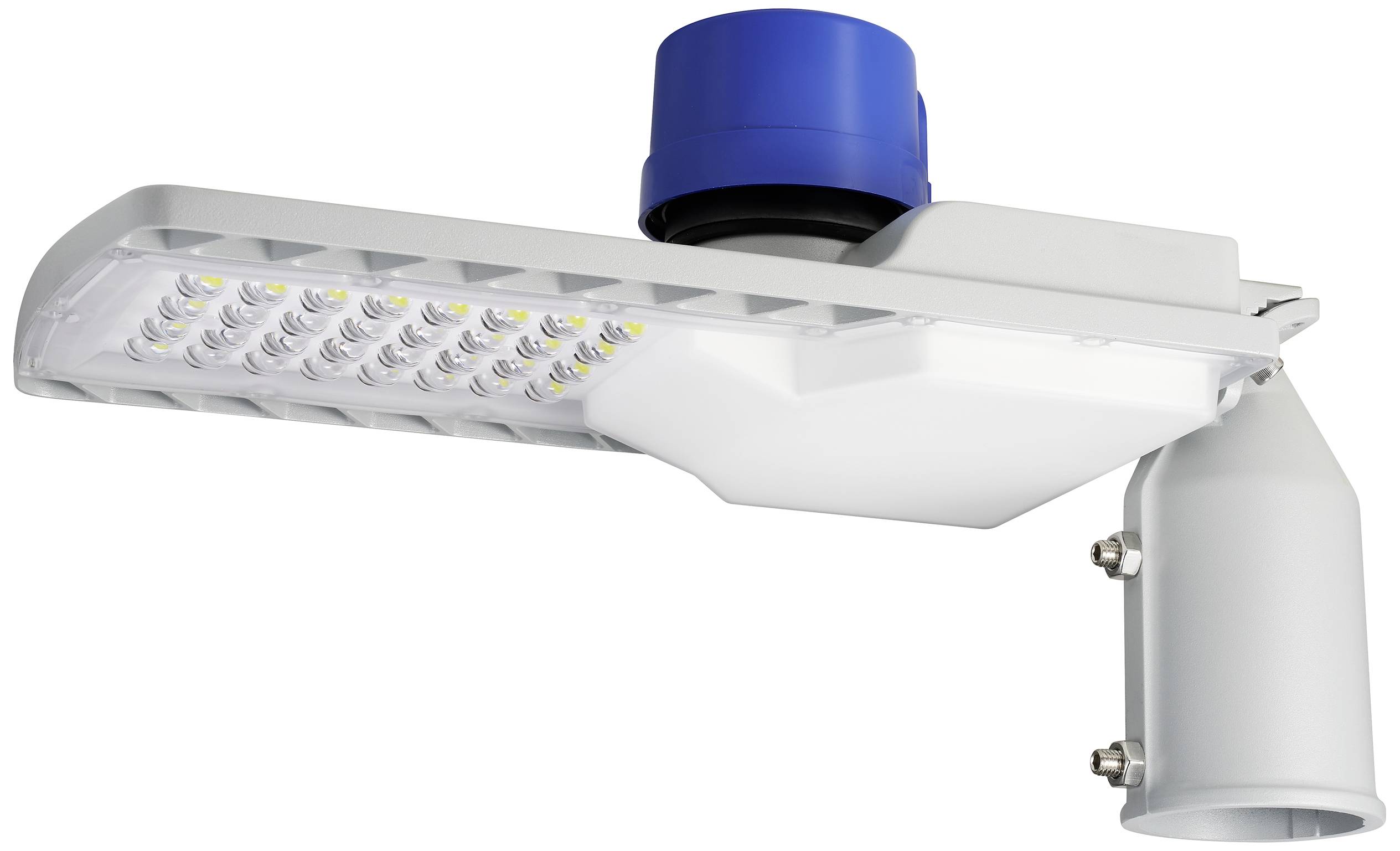 Lampadaire à LED avec un capteur bleu sur le dessus. Comprend de nombreuses petites LED visibles. Adapté à l'éclairage extérieur.