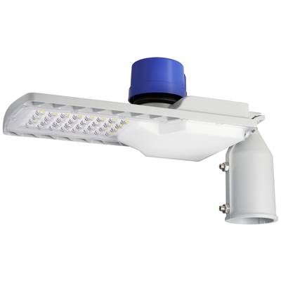 Lampadaire à LED avec un capteur bleu sur le dessus. Comprend de nombreuses petites LED visibles. Adapté à l'éclairage extérieur.