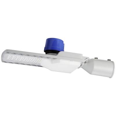 Un lampadaire LED moderne avec un capteur bleu en saillie, monté sur un bras pivotant, idéal pour un éclairage écoénergétique.