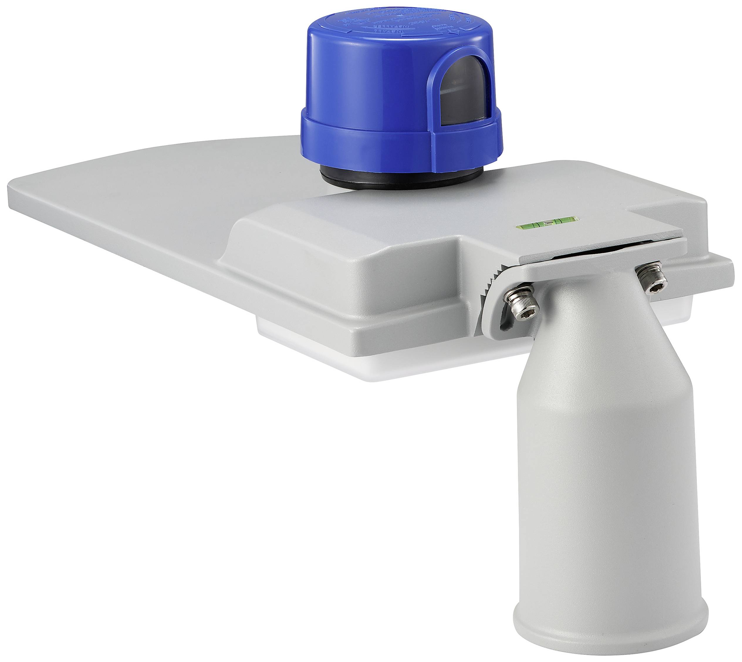 Un bras en plastique gris avec un capteur cylindrique bleu au sommet, fixé à un support.