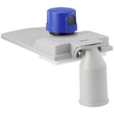 Un bras en plastique gris avec un capteur cylindrique bleu au sommet, fixé à un support.