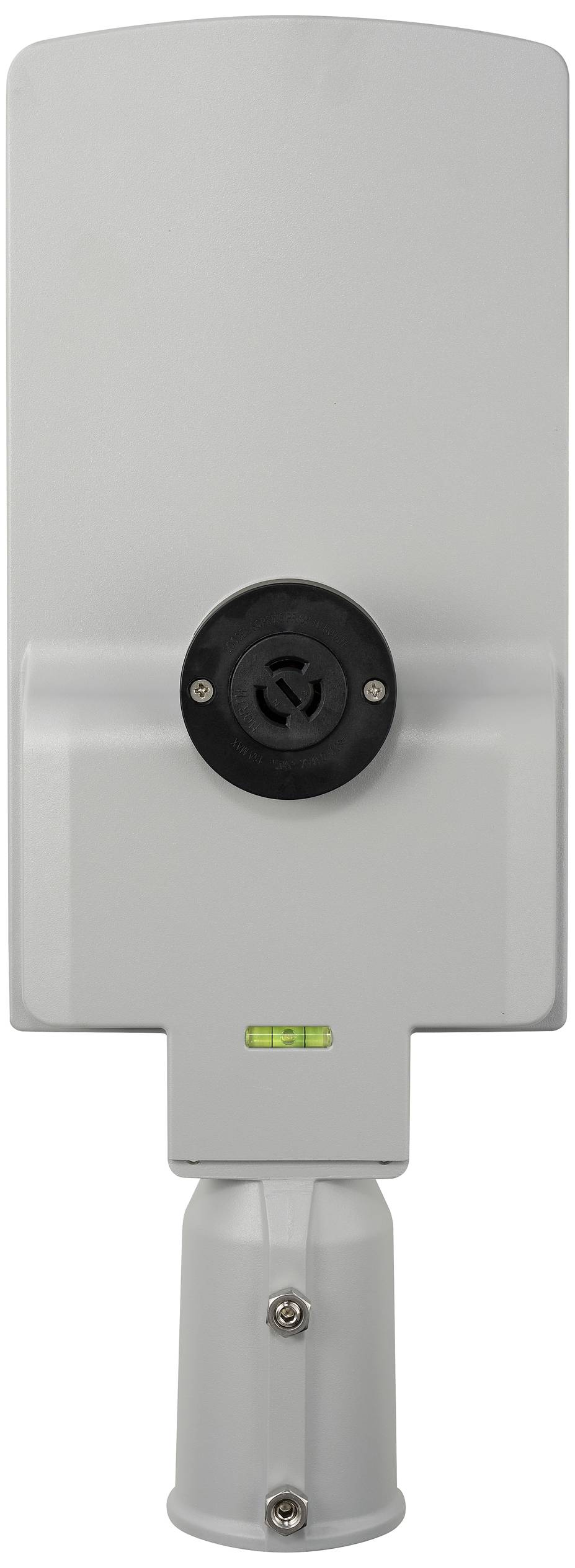 Une antenne blanche rectangulaire avec un connecteur noir rond au centre, montée sur un support réglable.