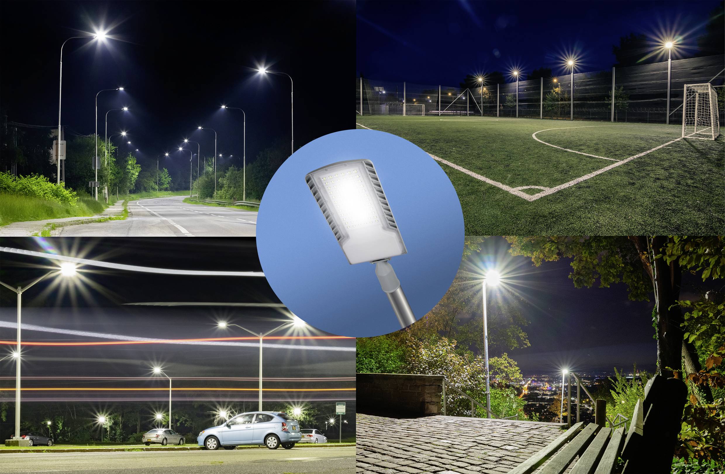 Rue, terrain de football, parking de nuit, éclairé par des lampadaires modernes. Focus sur un lampadaire LED au centre.