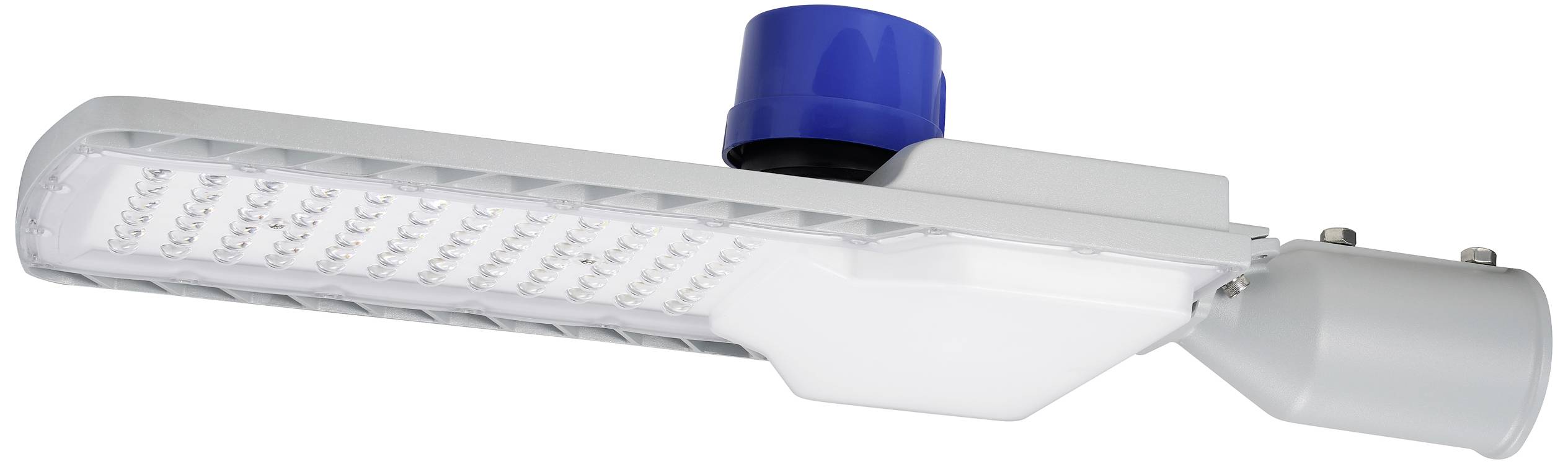 Un lampadaire à LED avec un capteur bleu sur le dessus, utilisé pour l'éclairage public.