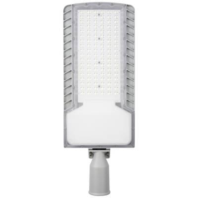 Un lampadaire LED rectangulaire avec de nombreuses petites diodes électroluminescentes et un boîtier gris pour l'éclairage extérieur.
