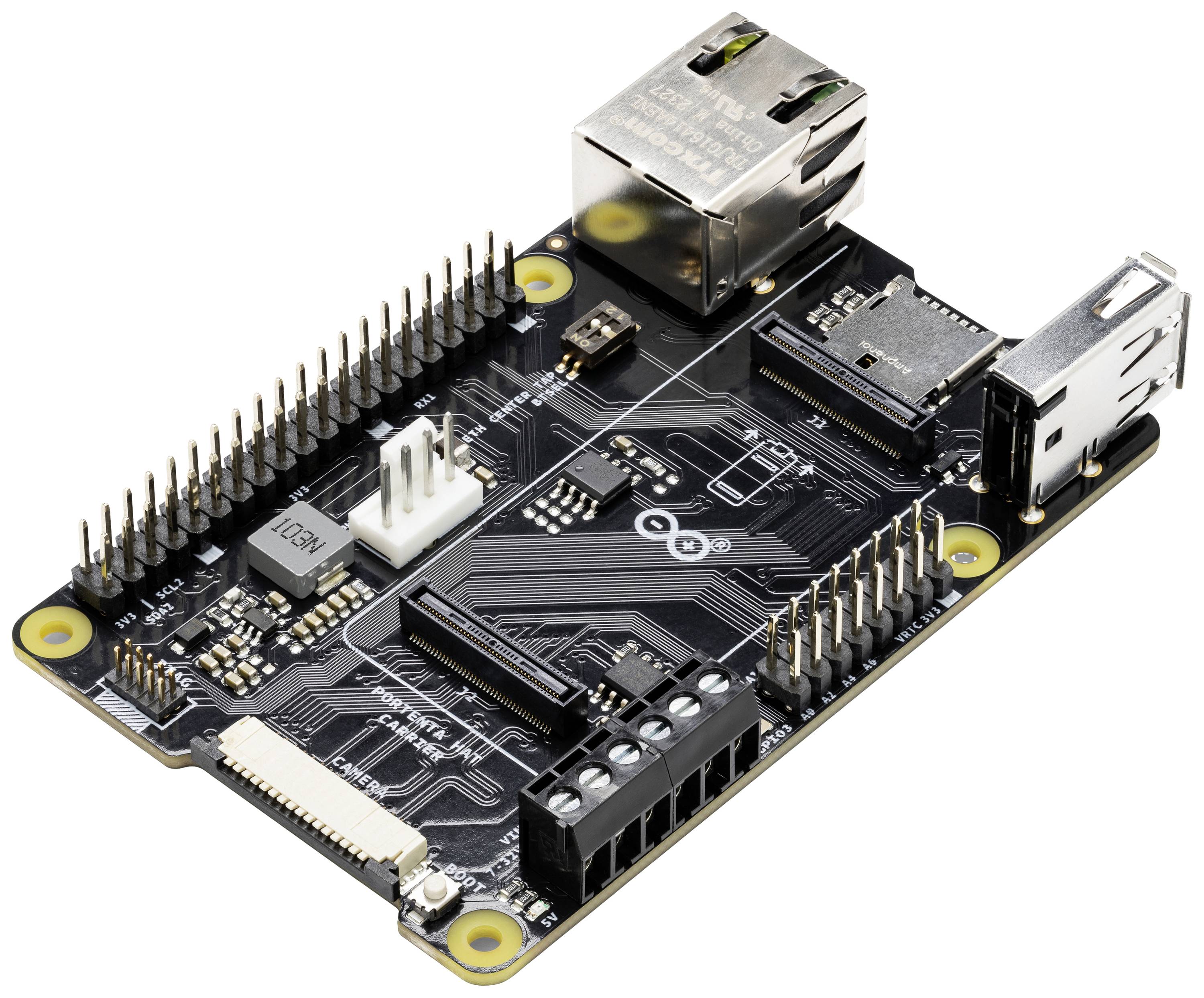 Un ordinateur monocarte avec différentes connexions et composants, notamment USB, Ethernet et broches GPIO.