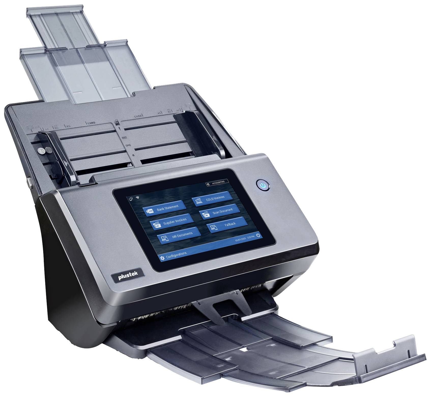 Un scanner de documents moderne avec un écran tactile affichant différentes options de numérisation. Chargeur de documents en haut et bac de sortie en bas.