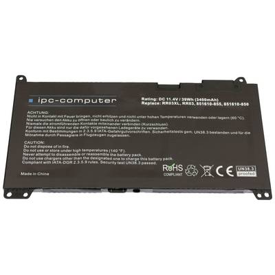 'Pack de batteries avec avertissements et spécifications techniques tels que 11,4V, 39Wh, 3400mAh. Conforme à la norme RoHS, certifié UN. Fabriqué en Chine.'
