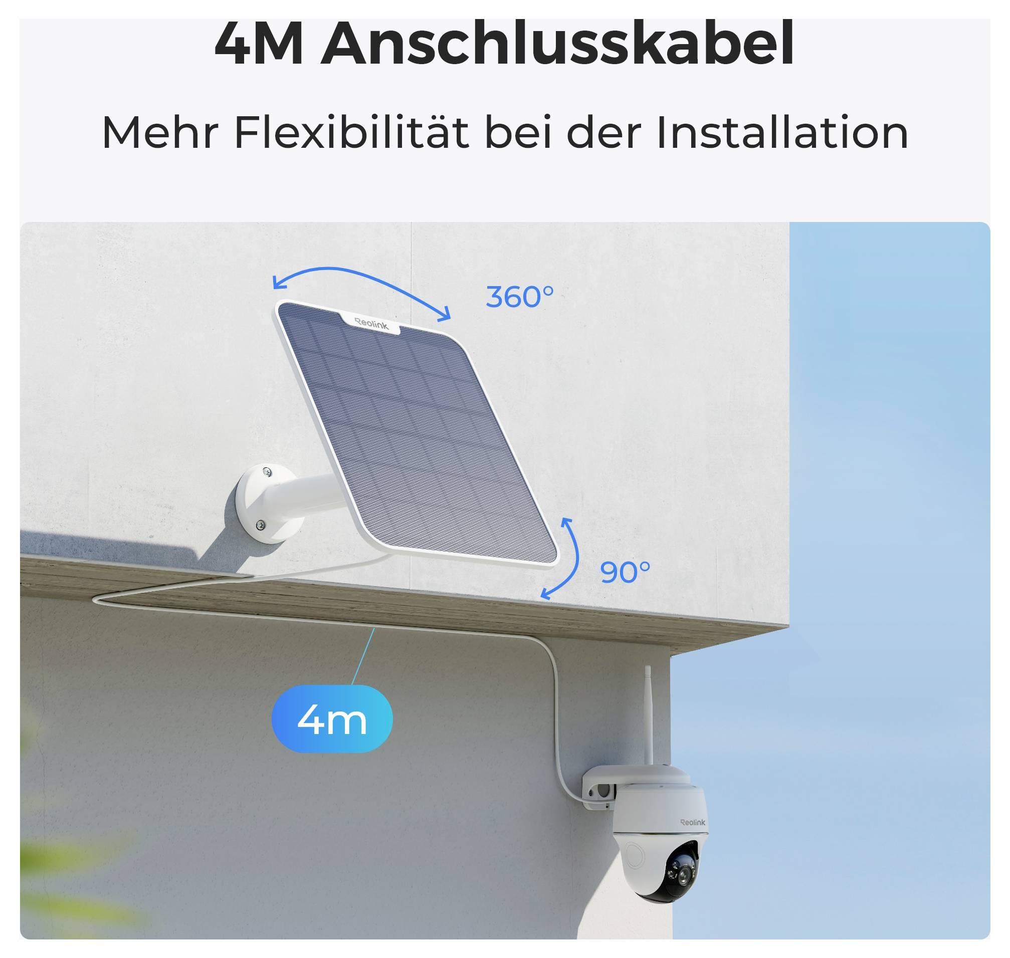 Une caméra de sécurité installée sur un mur de bâtiment, connectée par un câble de 4 mètres à un panneau solaire, démontrant la flexibilité de l'installation.