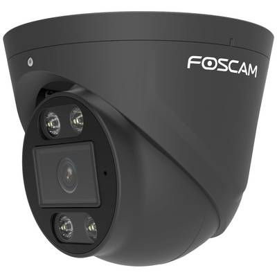 Une caméra de surveillance noire de la marque Foscam, avec des voyants LED visibles et un objectif central.