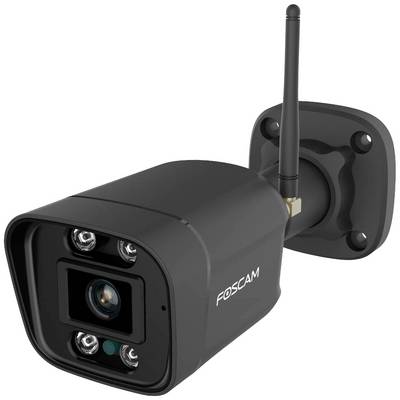 Caméra de surveillance avec antenne, noire, de la marque Foscam, adaptée à une utilisation extérieure.