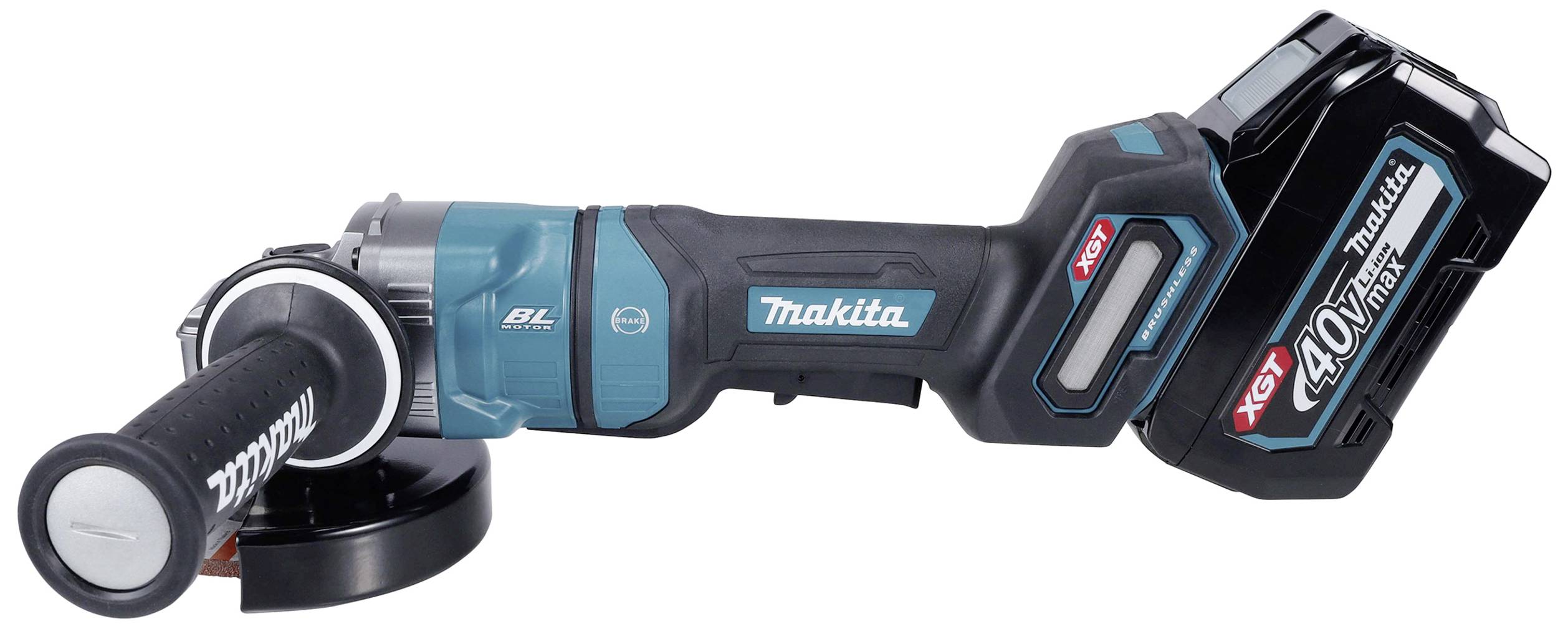 Un meuleuse d'angle sans fil Makita avec batterie 40V et poignée ergonomique. Adaptée pour le travail sur métal et pierre.