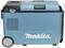 Glacière sur roues de la marque Makita, en bleu et noir, équipée d'une poignée de transport en haut.